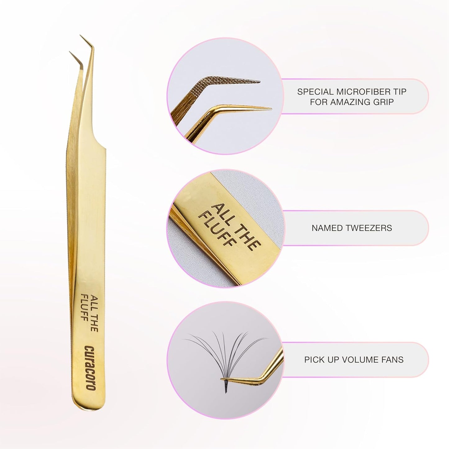 Curacoro Lash Tweezer - Professional & Precision Fiber Tip Grip Lash Tweezers for Eyelash Extensions, Multi Shapes & Purposes Tweezers for Volume, Isolation & Classic Lashes (Gold, All The Fluff)