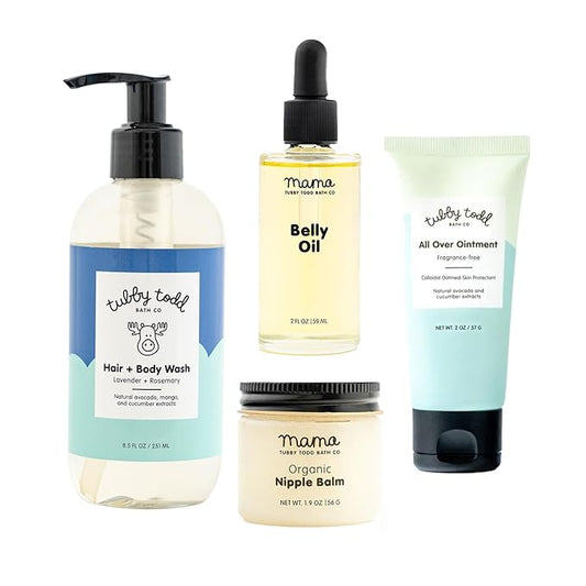 Tubby Todd New Baby & Mom Sensitive Skincare Kit - The Mama + Baby Gift Set - Baby Shampoo and Body Wash, All Over Ointment, Belly Oil & Nipple Balm - Standard Size Lavender Rosemary