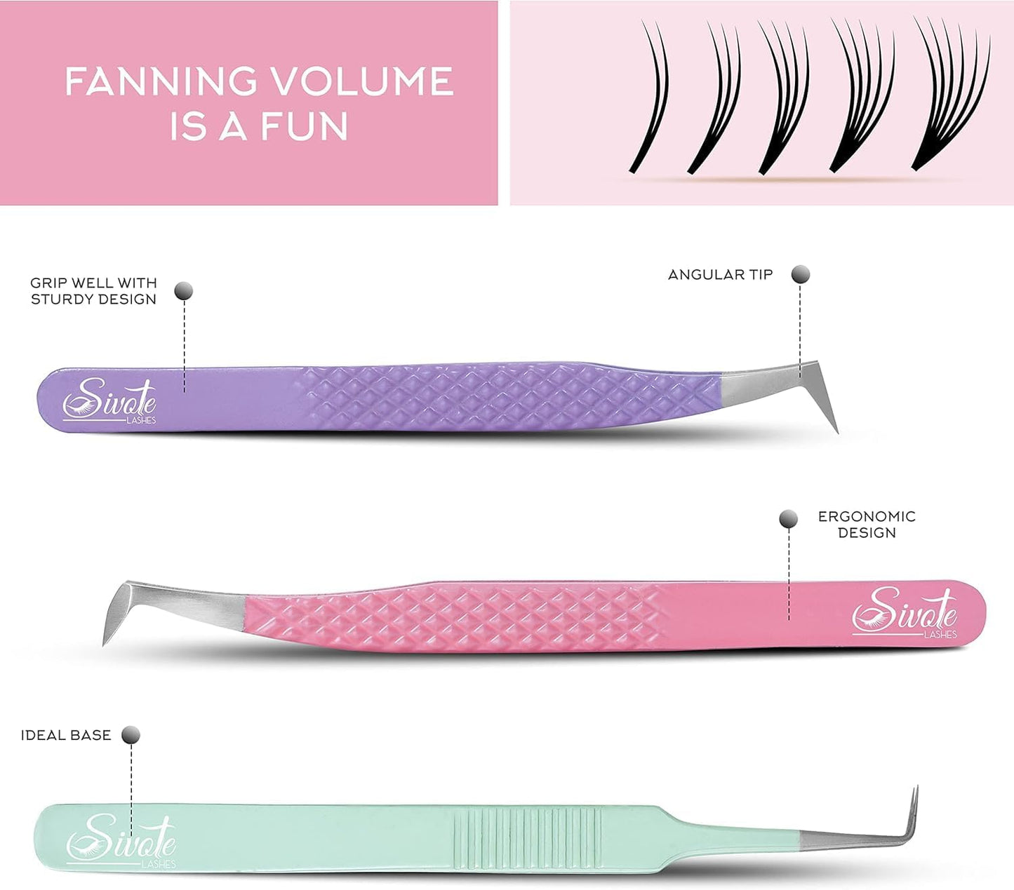 SIVOTE Lash Tweezers for Eyelash Extensions, Set of 6 - Volume, Volume Boot, Slim 90 Degree Tweezers with Fiber Tips in Pastel Colors, Ideal for Mega, Volume & Russian Lashes - Includes Leather Pouch