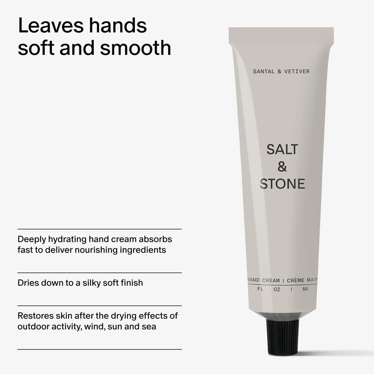 Salt & Stone Hand Cream for Women & Men | Santal & Vetiver | Hydrates, Nourishes & Softens Skin | Restores Dry Cracked Hands | Fast-Absorbing | Cruelty-Free & Vegan (2 fl oz)