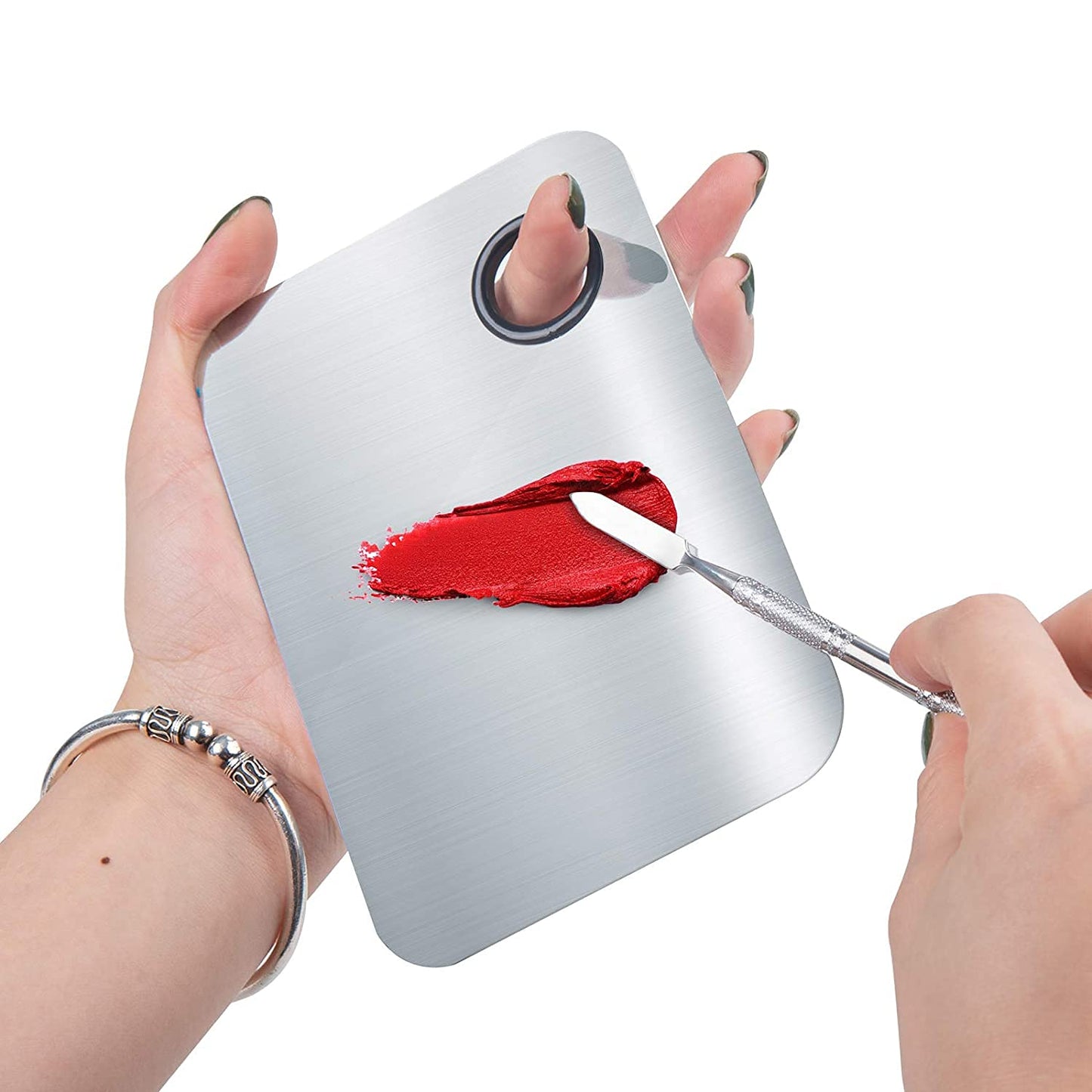 Makeup Mixing Palette, Upgrad Stainless Steel Metal Foundation Palette with Spatula Artist Tool for Mixing Foundation Nail-Art, Size 4.5x2.9 in（2 Pcs）