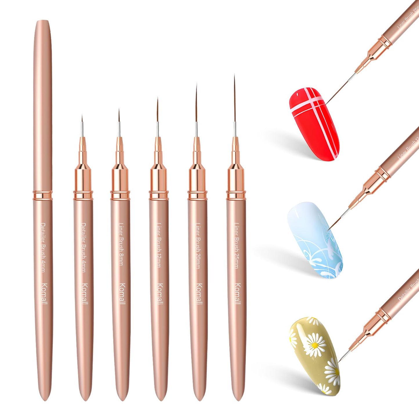 Metallic Nail Art Brushes, 5Pcs Liner Brush Set, UV Gel Polish Painting Art Design Pen for Long Lines, Thin Details, Fine Drawing Sizes 4/8/12/20/25mm(Champagne Gold)