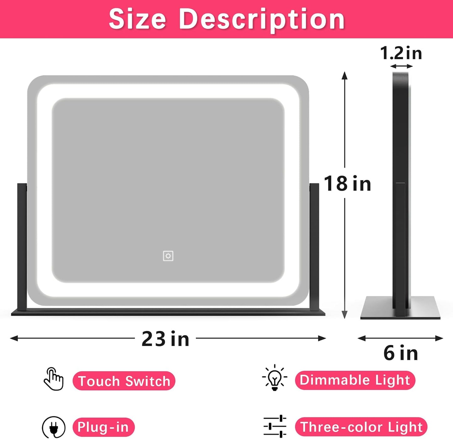 22x17 Inch Lighted Vanity Mirror with Dimmable LED Lights - 3 Color Modes, Smart Touch Control & 360° Rotating Base - Desk Makeup Mirror (Black)