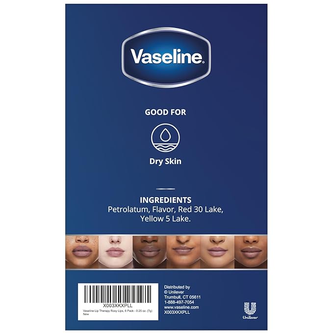 Vaseline Lip Therapy Rosy Lips Mini, Pure Petroleum Jelly, Advanced Moisture, Light Rose Fragrance, Sheer Pink Tint on Lips, Mini Vaseline Petroleum Jelly, Soft Vaseline Lips (Pack of 6-0.25 Oz Ea)
