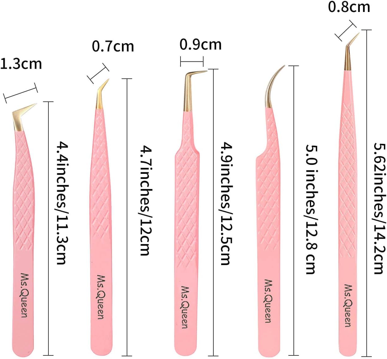 Ms.Queen Lash Tweezers for Eyelash Extensions,5Pcs Precision Fiber Tip Grip Curved 45 90 Degree Boot volume Tweezers Set