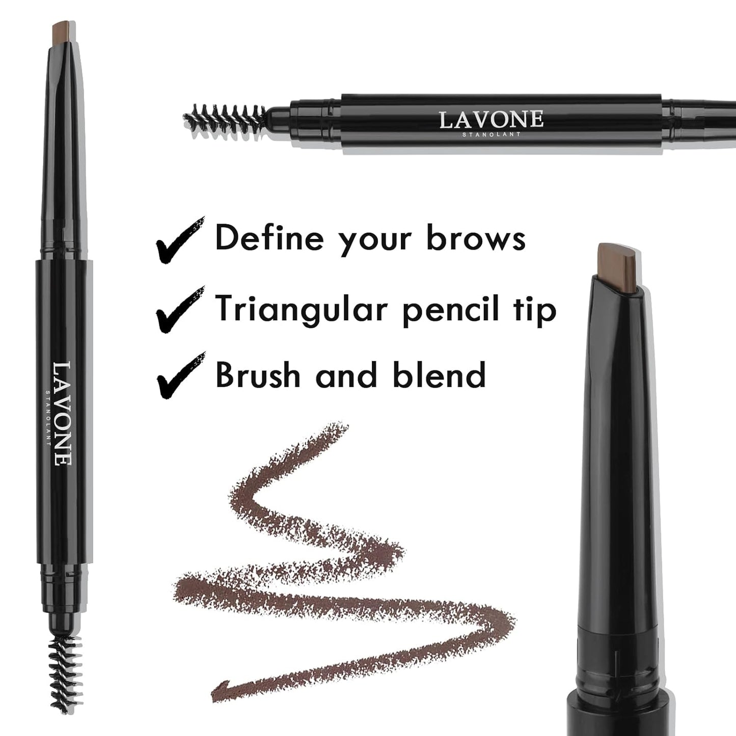 LAVONE Eyebrow Stamp Stencil Kit - Brow Stamp Trio with Waterproof Pencil, Pomade, 20 Stencils, Dual-ended Brush and Sponge Applicator - Espresso