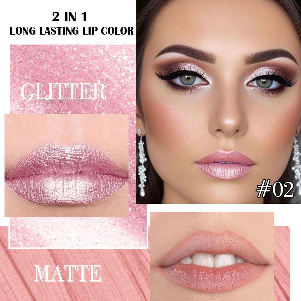 Kaely 2-in-1 Light Pink Metallic Lipstick and Lip Liner, Shimmer Liquid Metallic Lipsticks for Women, Glitter Lip Gloss Stain Long Lasting Waterproof Smudge Proof 24 Hour, Vegan Makeup, 02
