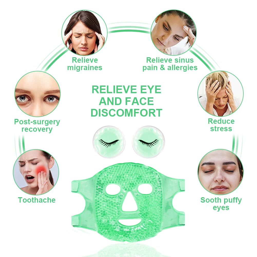Face Eye Masks for Dark Circles and Puffiness, Migraines, Headache, Stress, Redness, Acne, Cooling Face Masks for Women Man, Hot Cold Use Ice Face Mask. (Green)
