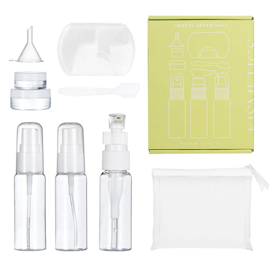 Travel Essestials 9 Piece Travel Kit, TSA Airline Carry-on Approved Size, Travel Bottles, Pill Case and Toiletry Bag Kit