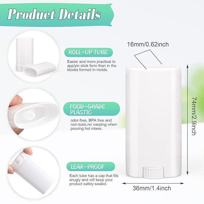 15ml Travel Deodorant Containers,Top-Fill,Empty Plastic Oval Lip Balm Tubes for Chapstick,Lip Balm,Lotion Bar Sticks,Salve,Homemade Solid Lotion,Sample Size Deodorant-30 Pack,White