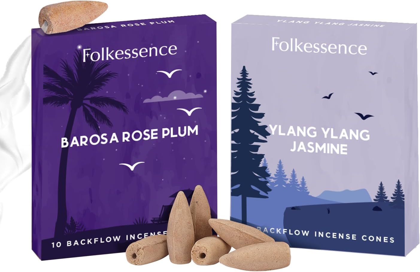 Folkulture Backflow Incense Cones for Home | Pack of 2 (20) Waterfall Sleep Incense Cone Scented | Dual Set - Ylang Ylang & Jasmine | Natural Fragrances | Barossa Rose Plum Incense