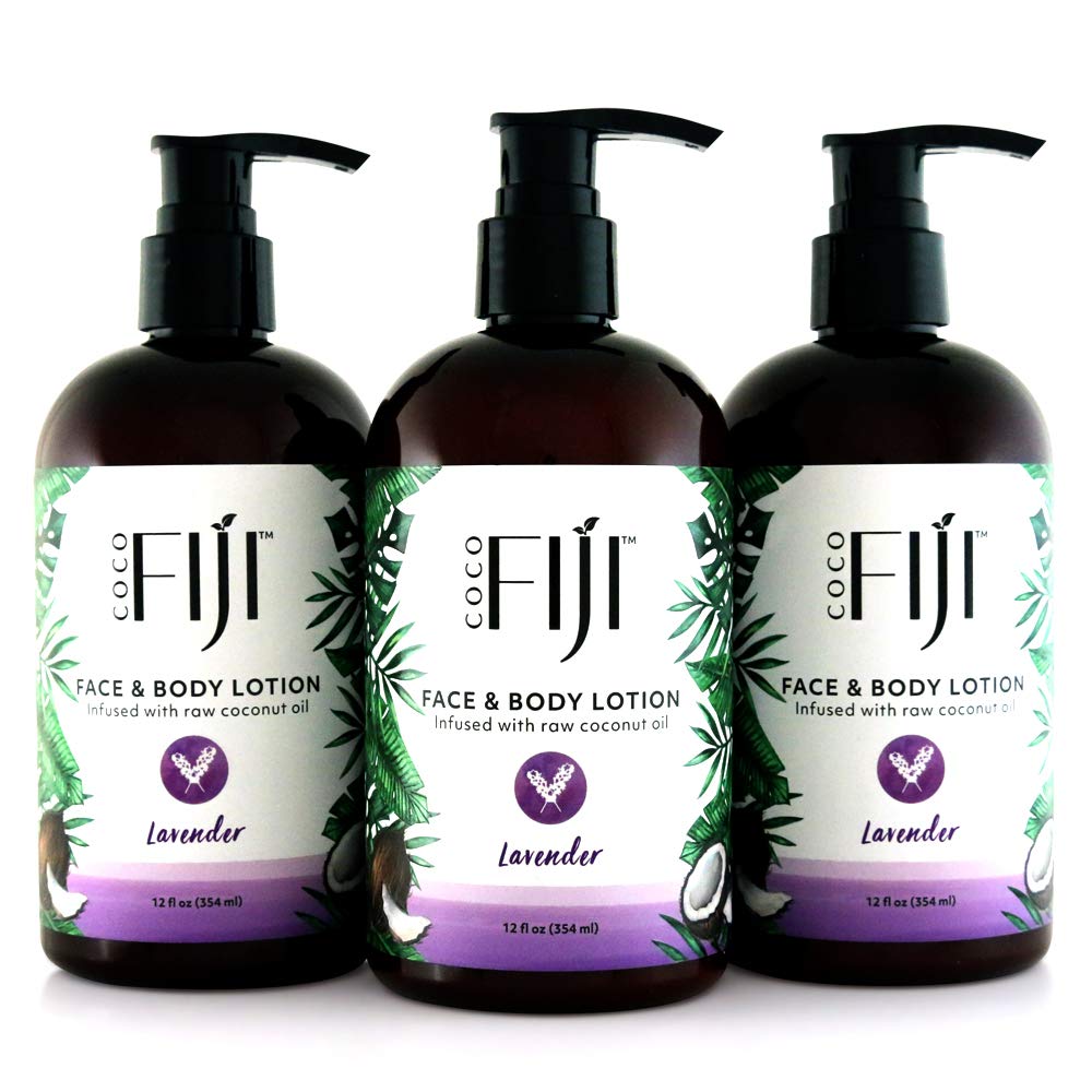 Coco Fiji Face & Body Lotion Infused With Coconut Oil | Lotion for Dry Skin | Moisturizer Face Cream & Massage Lotion for Women & Men |Lavender 12 ozPack of 3