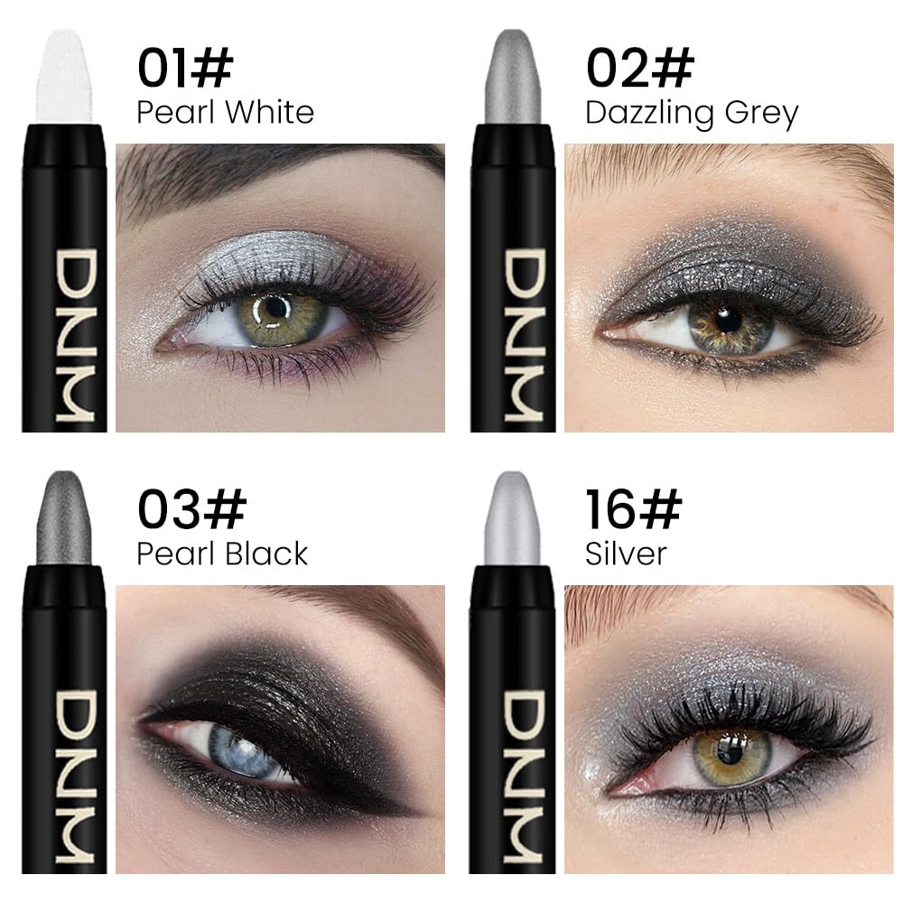 evpct 4Pcs White Black Grey Silver Cream Eyeshadow Pencil Bulk Stick Set, Waterproof Pearl white Dazzling grey Pearl black Silver Shimmer Metallic Eye shadow Crayon Stick sombras en crema para ojos