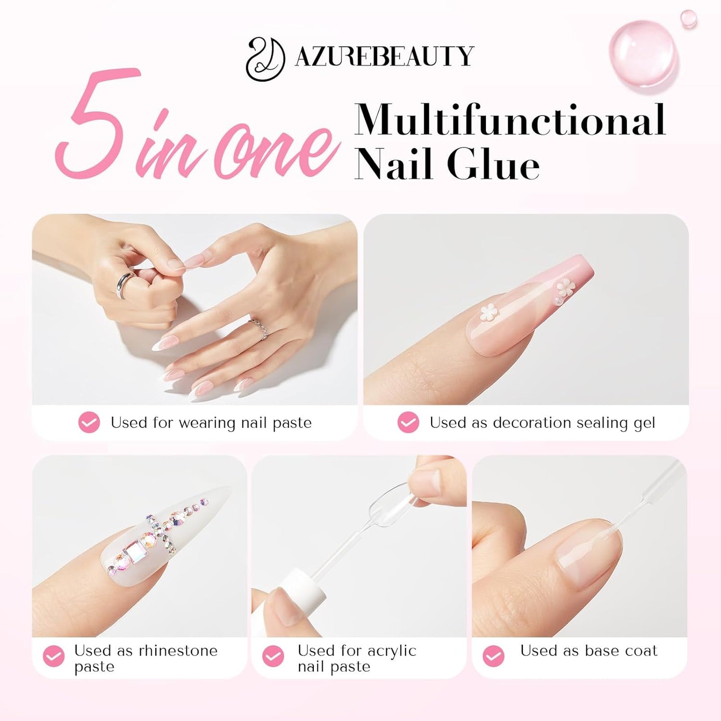 AZUREBEAUTY 30ml Nail Glue, 5 in One for Strong Nail Tips,Press On Nails and Repairs Natural Nails, Bond for Acrylic Nails, No UV Lamp Needed