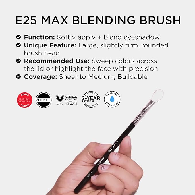 Sigma Beauty Professional E25 Max Eyeshadow Blending Brush – Professional Eyeshadow Brush for Seamless Eyeshadow Blending, Softens Dramatic Edges & Harsh Lines for a Well Blended Effect (1 Brush)