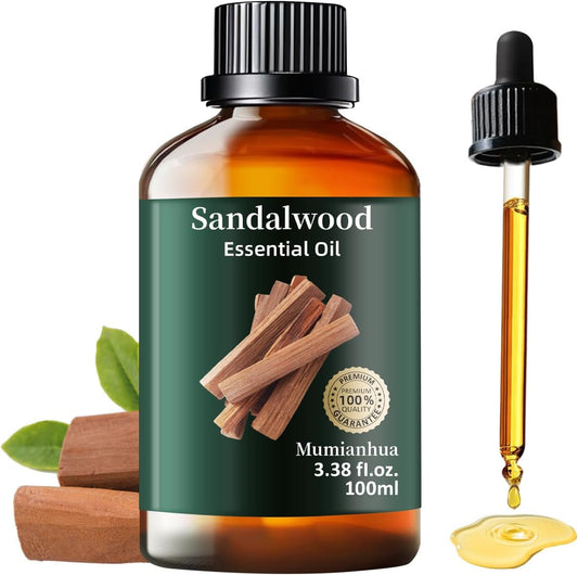 Sandalwood Essential Oil Pure，Mumianhua Natural Sandalwood Oil Undiluted Therapeutic Grade Aromatherapy Oil for Diffuser, Skin, Hair, Massage, Candle & Soap Making 3.38 Fl Oz