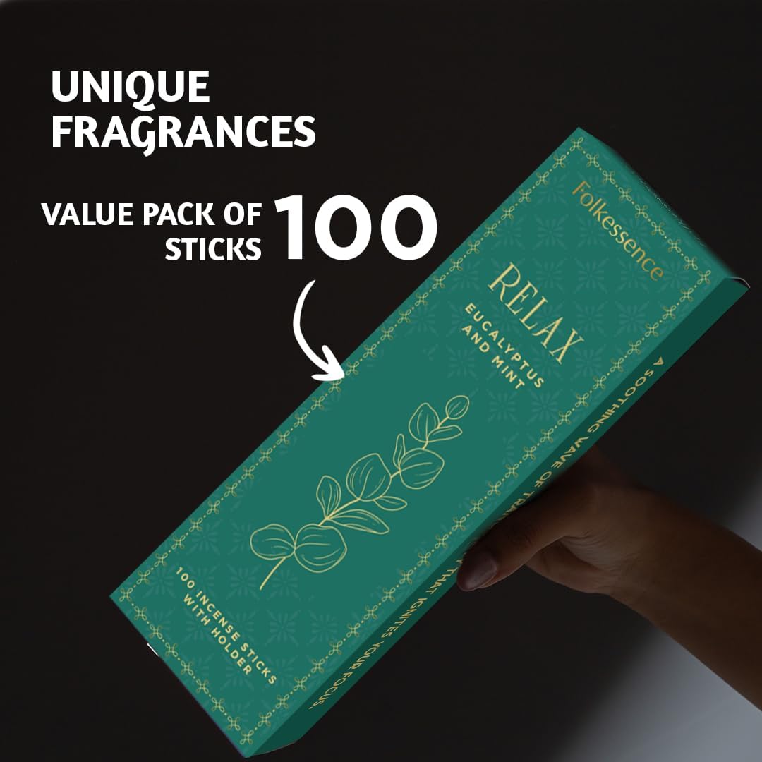 Folkulture Incense Sticks | Set of 100 Insence-Sticks with Holder for Relaxation | Eucalyptus & Mint Incense | Organic, Slow Burning & Non Toxic Inscents for Meditation |Rejuvenating Fragrance