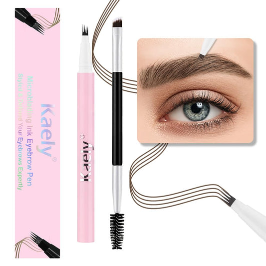 evpct 1Pcs Dark Brown Magic Microblading Eyebrow Contouring Pen Brow Pencil, with 4 Brush Micro-Fork-Tips Precise Applicator, Dual-ended Eyebrow Brush, Hair Like Strokes, Natural Looking Brows