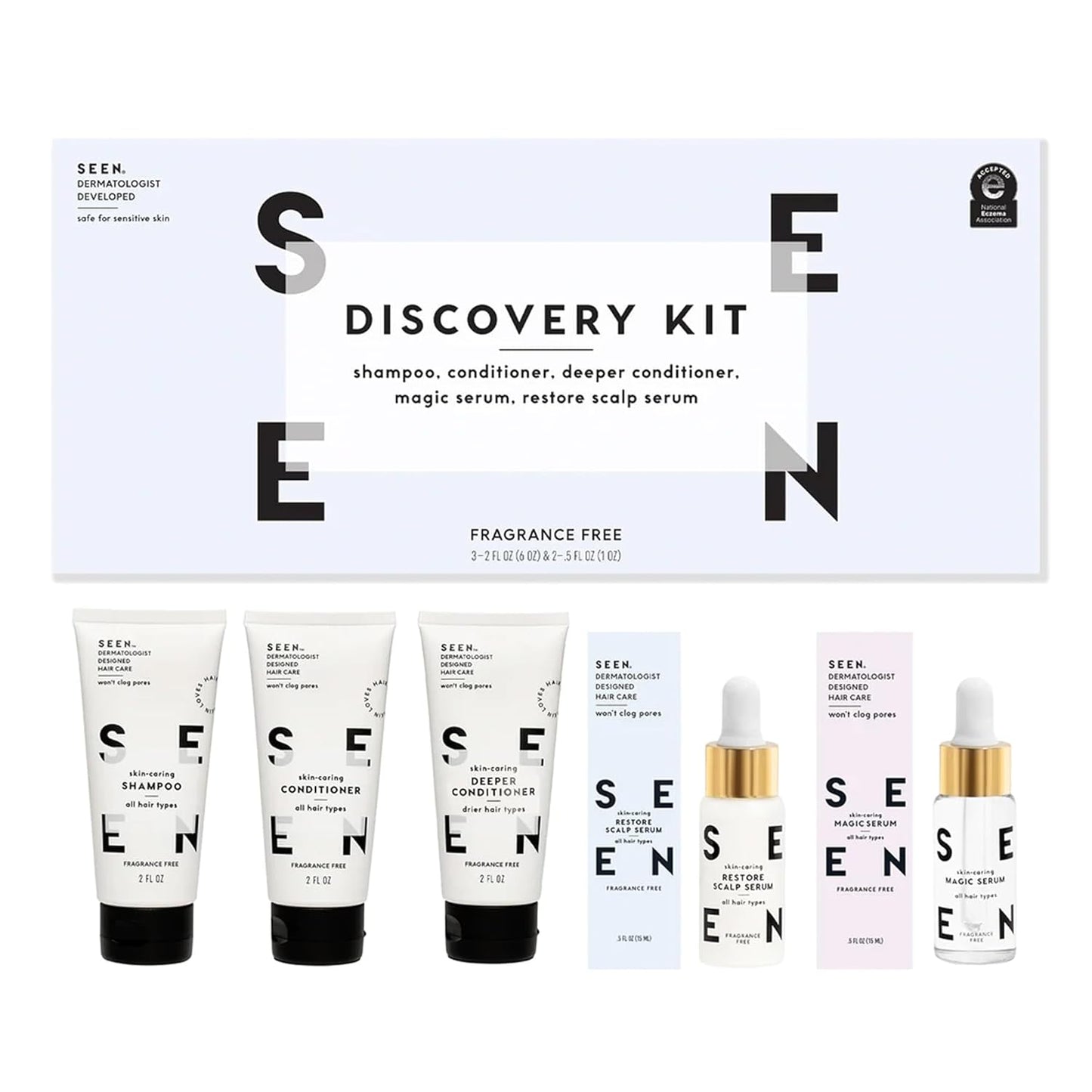 SEEN Discovery Kit - Fragrance Free - Non-Comedogenic & Sulfate-Free Hair Set- Dermatologist-Developed - Safe for Sensitive, Eczema & Acne Prone Skin