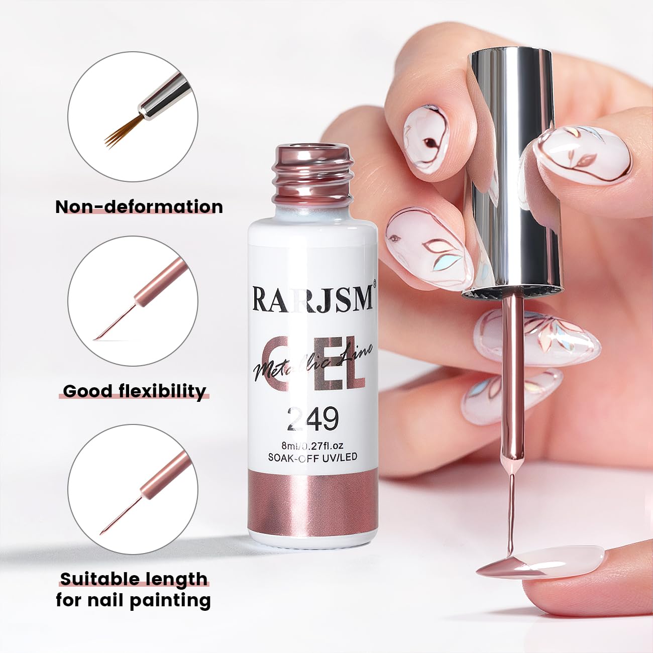 RARJSM Metallic Chrome Gel Liner Nail Art 3D Mirror Silver and Rose Gold Effect Gel Nail Polish 8ml Painting Build in Thin Brush Metal Painted Drawing Striper Gel Polish Curing Requires for Home Salon