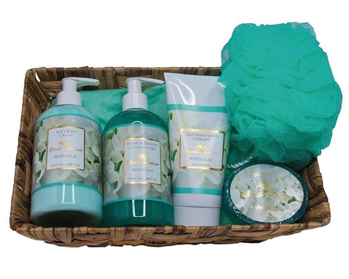 Camille Beckman Essentials Gift Basket, White Lilac, Glycerine Hand Therapy 6 oz, Silky Body Cream 13 oz, Hand and Shower Cleansing Gel 13 oz, Glycerine Soap 3.5 oz