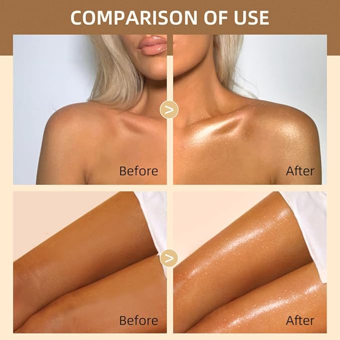 40ml Body Shimmer Oil,Face and Body Liquid Luminizer,Smooth Body Shimmer Oil For Sunshine Bath, Waterproof Moisturizing Light Shimmer Glow Illuminator,Liquid Highlighter Makeup,Makeup Brush Include (3#-Bronze Gold)