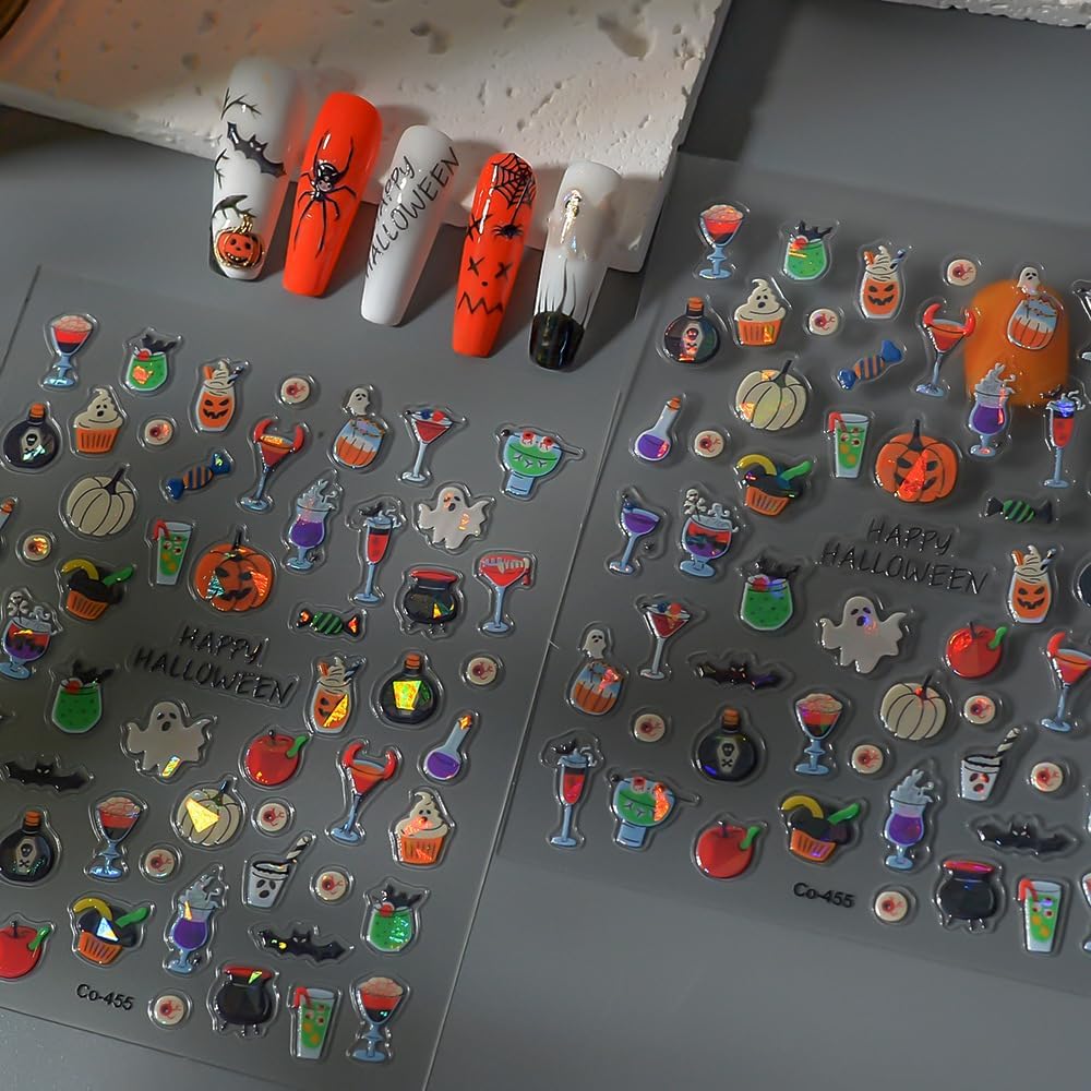 Halloween Nails Stickers Laser Ghost Nails Sticker 3D Embossed Horrible Pumpkin Self Adhesive Sticker Nail Decals Funny Glasses Nail Art Decal Halloween Decals for Nail DIY Manicure 1Sheet