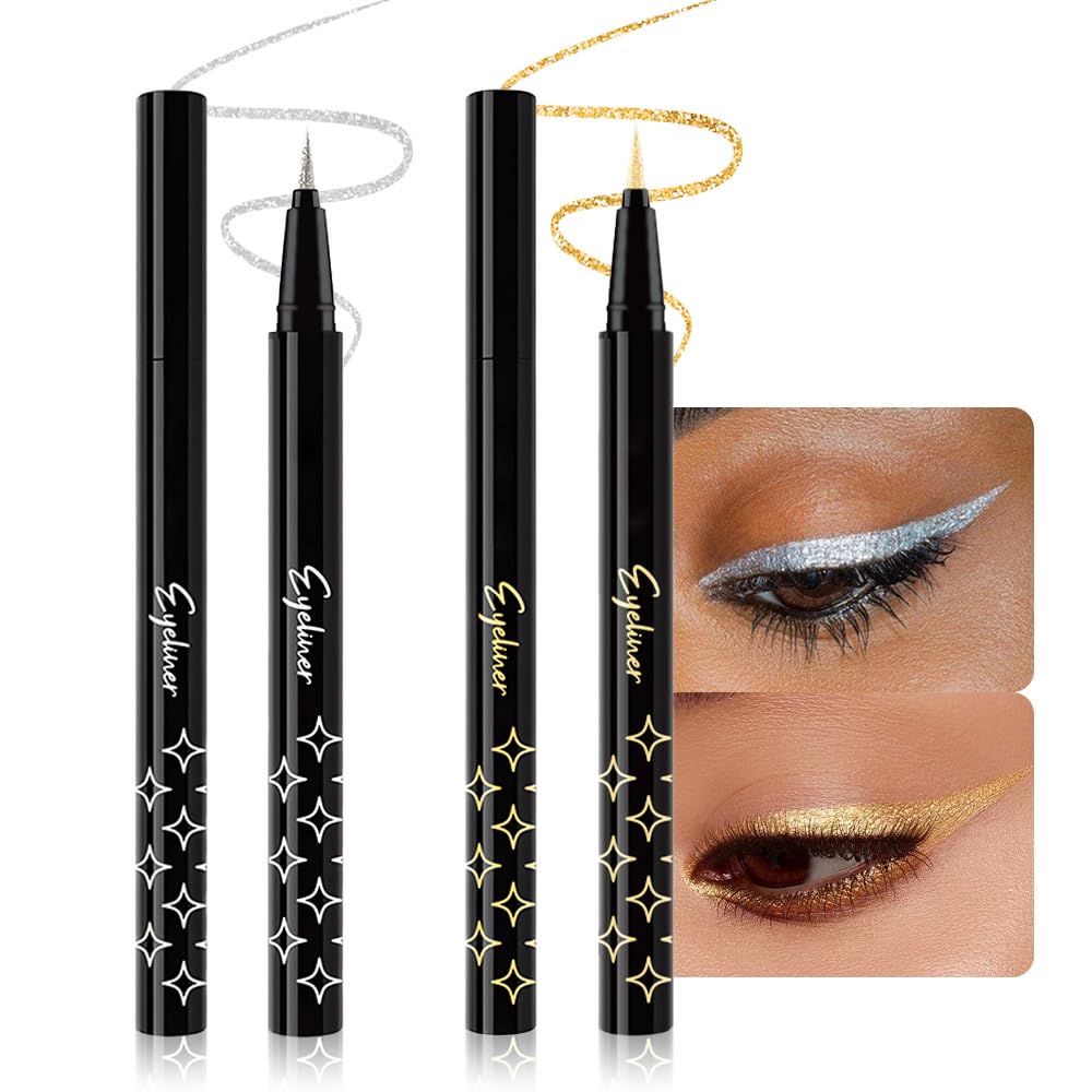 2PCS Metallic Glitter Colored Liquid Eyeliner Pens Set04 – Waterproof Mark Silver White or Gold Long-Lasting Sparkly Eye Makeup – Tattoo-Effect Ink Liners for Women & Men,Delineador Líquido con Brillo
