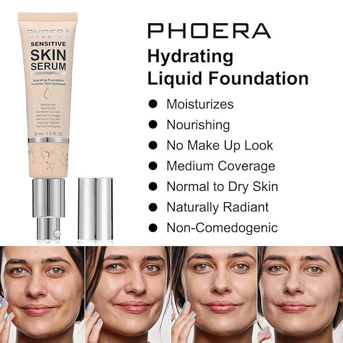 PHOERA Hydrating Serum Foundation,Makeup Base Foundation Hypoallergenic and Flawless Full Coverage.(N01 Porcelain)