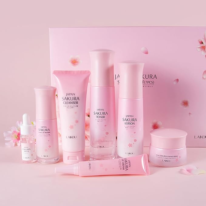 Skin Care Set JAPAN SAKURA Beauty Gift Sets Skin Care Kit with Cleanser, Toner, Lotion, Serum, Eye Cream, Face Cream, Make up Primer Travel Kit for Women Wife Mom 7pcs