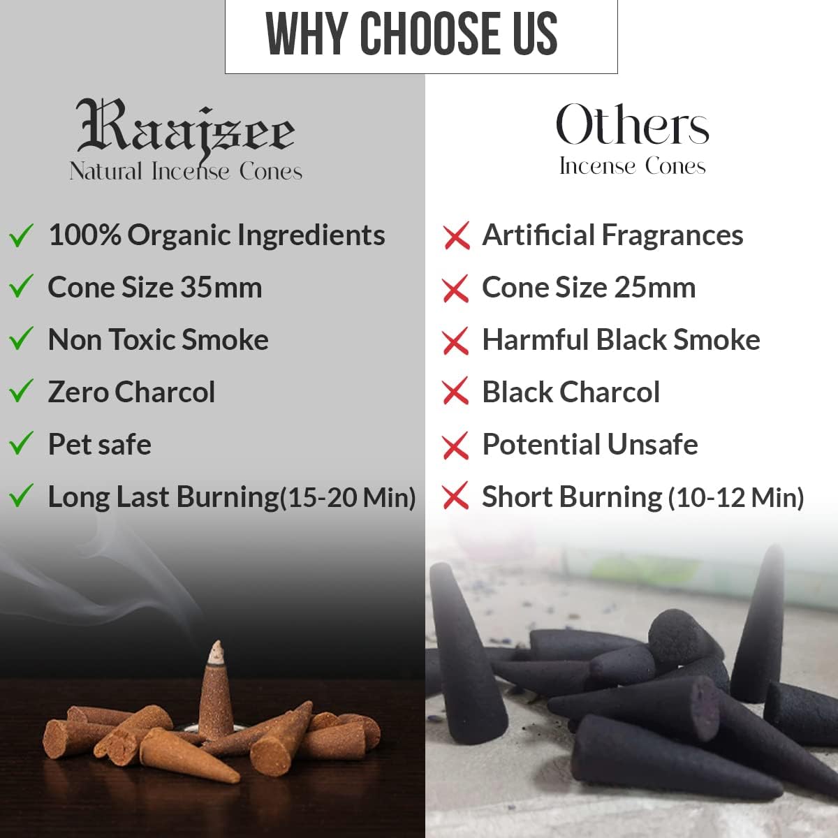 Raajsee Natural Incense Cones,6 Pack Mixed Scents Gift Pack 15 pc Each (90 Total), Insense Cones Variety Pack, 100% Organic Non Toxic Natural - Hand Rolled Free from Chemicals (Pack 2)