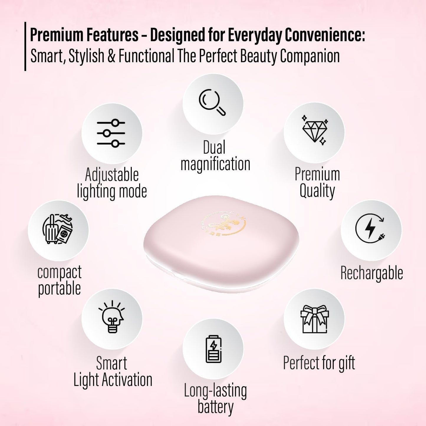 LED Compact Mirror – 1x & 10x Magnification | Travel Makeup Mirror with Adjustable Lighting | Handheld & Pocket-Sized Portable Mirror with Protective Pouch (Pink)