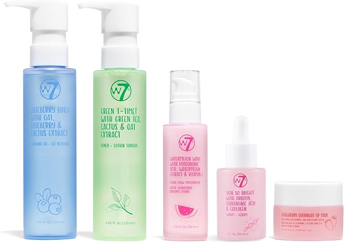 W7 Self-Care Skincare Set - 5 Step Daily Routine - Moisturizer, Serum, Toner, Cleanser & Lip Mask - Full Size Skin Care Kit for Natural, Beautiful Skin