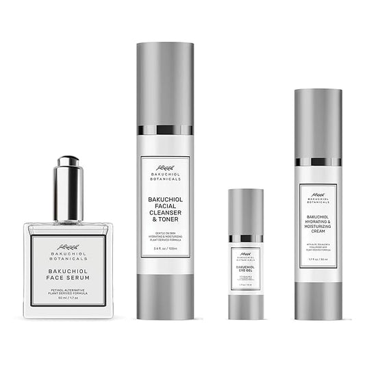 Bakuchol Botanicals Gift Set with Travel Case, Includes Face Serum, Toner & Cleanser All-in-One, Eye Cream, Moisturizer
