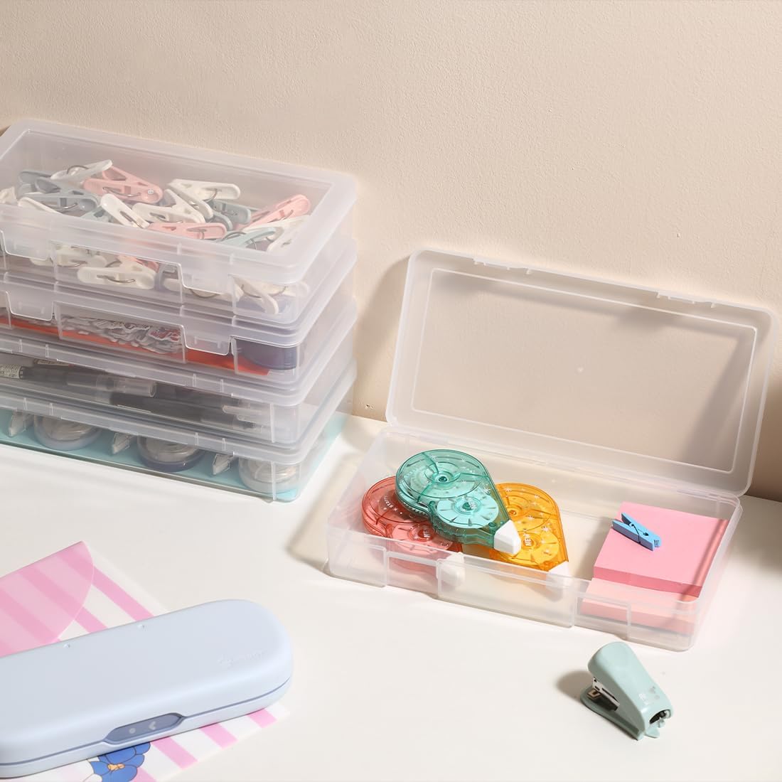 Medium Clear Storage Box 9 Pack Stackable Storage Containers with Snap-Tight Latch 10" x 5"x 1.9" for Pencil Box,Art tools