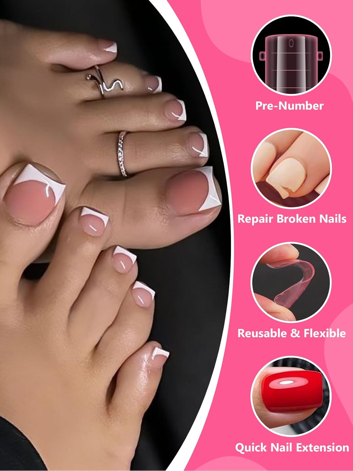 EBANKU Poly Gel Toenail Kit, Reusable Toe Dual Nail Forms with 2.5oz Slip Solution Poly Gel Nail Kit for Toe Nail Tips for Women with Double-end Brush, File, Clips, Liquid Container, 120PCS, 12 Sizes