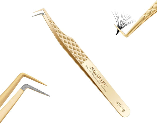 NAGARAKU Precision Fiber Tip Tweezer for Eyelash Extensions Diamond Grip Anti-Static Anti-Slip Premium Stainless Steel Pointed Volume Eyelashes Tweezers with Box -85 Degree Long Tip Tweezer AG-12