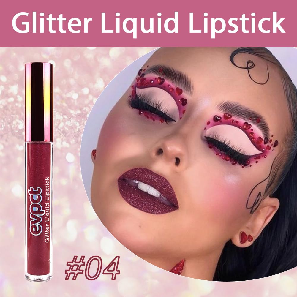 evpct 1Pcs Dark Red Glitter Metallic Shimmer Diamond Lipstick Lip Gloss Stain Set for Women Long Lasting Waterproof, Hot Bright Red Sparkle Glitter Matte long wear Liquid Lipstick Lip Makeup Kit