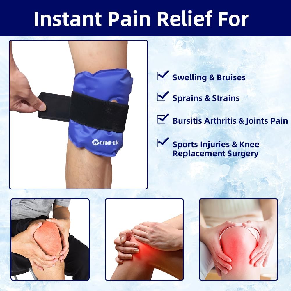WORLD-BIO Ice Pack for Knee Pain Relief, Reusable Gel Ice Pack for Knee Injury, Replacement Surgery, Bursitis Arthritis, Swelling, Cooling Wrap Cold Compress for Arthritis, Meniscus Tear, Blue