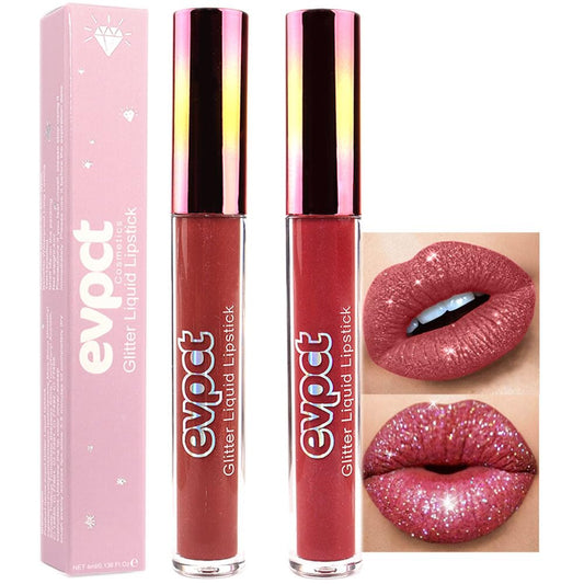 eevpct 2Pcs Mauve Red & Wine Red Matte to Glitter Liquid Lipstick Set Kit for Women Long Lasting Glossy Metallic Shimmer Sparkle Lipstick Lip Gloss 2+6
