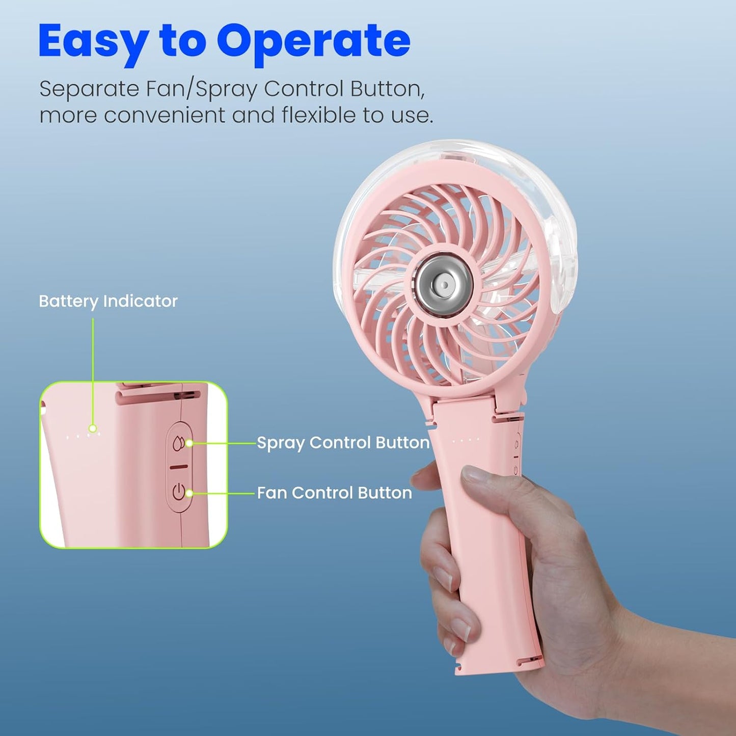 HandFan 2025 Upgraded Portable Misting Fan, Two Button Easy Operation, Handheld Rechargeable Mister Fan, Spray Water Mist Fans, Mini Electric Cooling Fans for Travel, Outdoors, Disney(Pink)