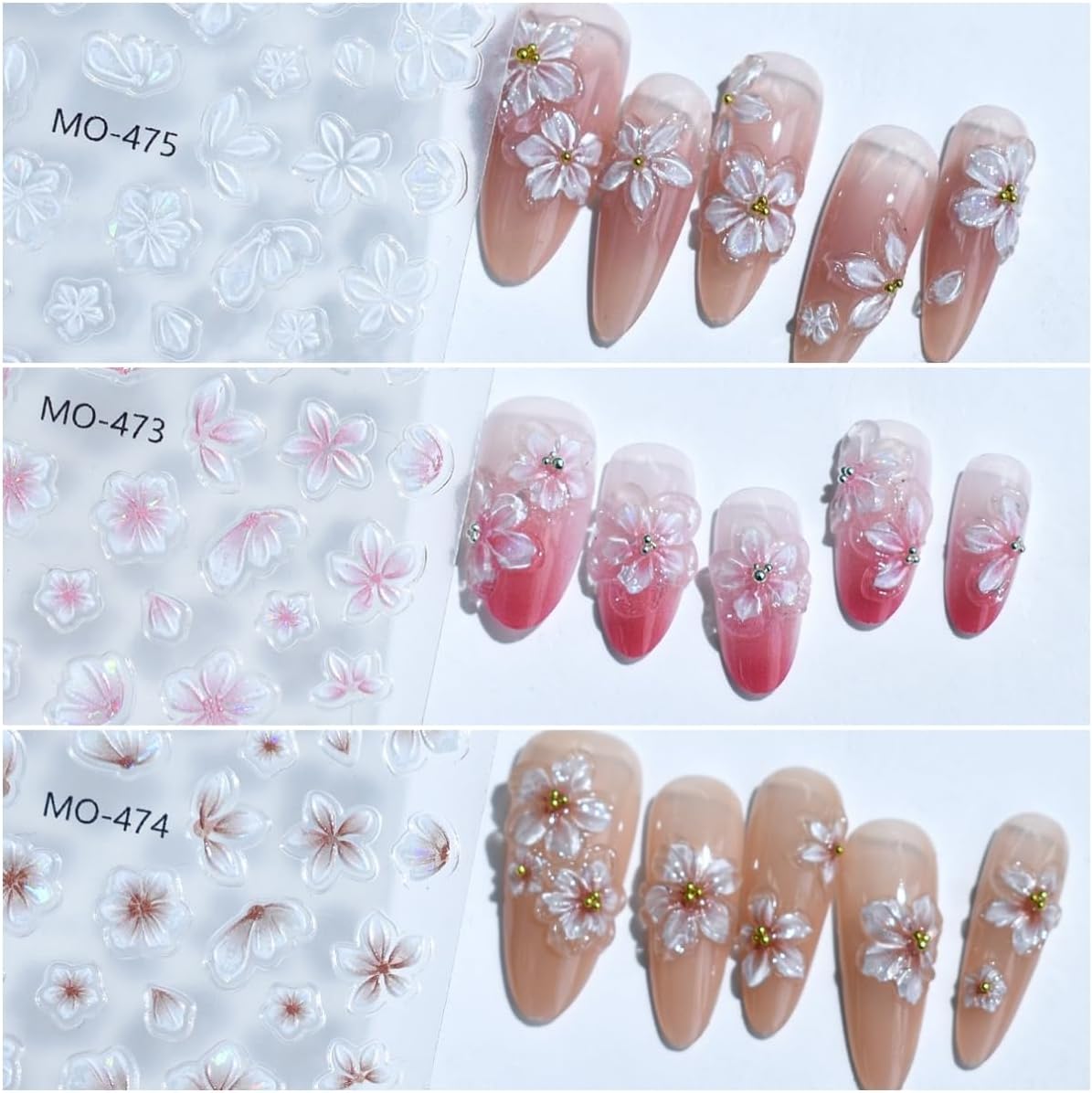 Flower Nail Stickers 6 Sheets Self-Adhesive Floral Nail Decals 5D Embossed Pink Purple White Nail Art Stickers for Women DIY Manicure Accessories Decorations