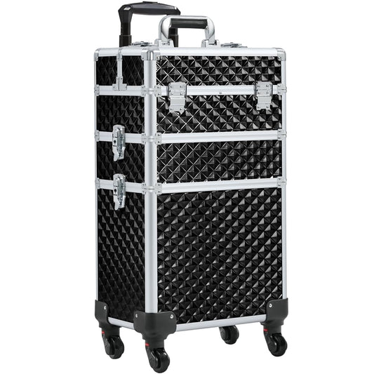 Yaheetech Rolling Makeup Train Case 3 in 1 Cosmetic Case Professional Makeup Suitcase Large Aluminum Cosmetic Trolley with Swivel Wheels and Key, Diamond Pattern- Black