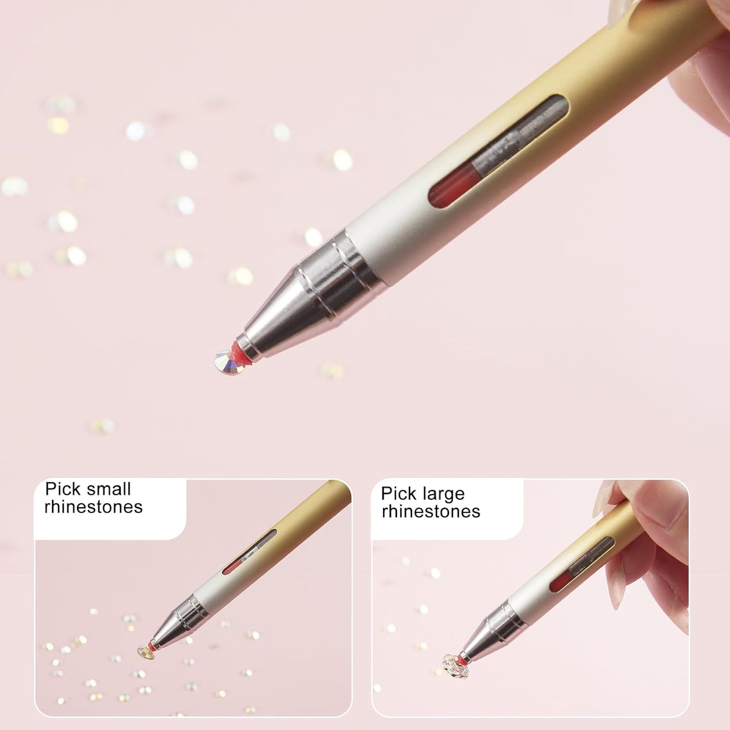 WOKOTO 1 PCS Nail Art Rhinestone Picker Pens With Spare Silicone Clay Tool Yellow&Silver Gradient Rotating Push Nail Diamond Art Painting Dotting Pen Refillable Wax Pen For Nails Gems Picker Tool