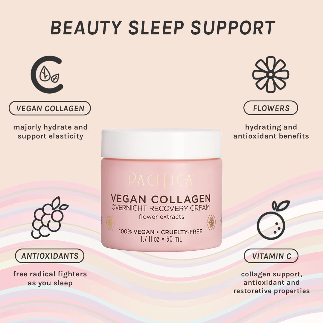 Pacifica Night Face Cream - Vegan Collagen Overnight Recovery Cream, Nighttime Face Cream for Anti-Aging & Wrinkles, Improves Dry Skin & Redness Vegan, Clean Beauty, Dermatologist Tested