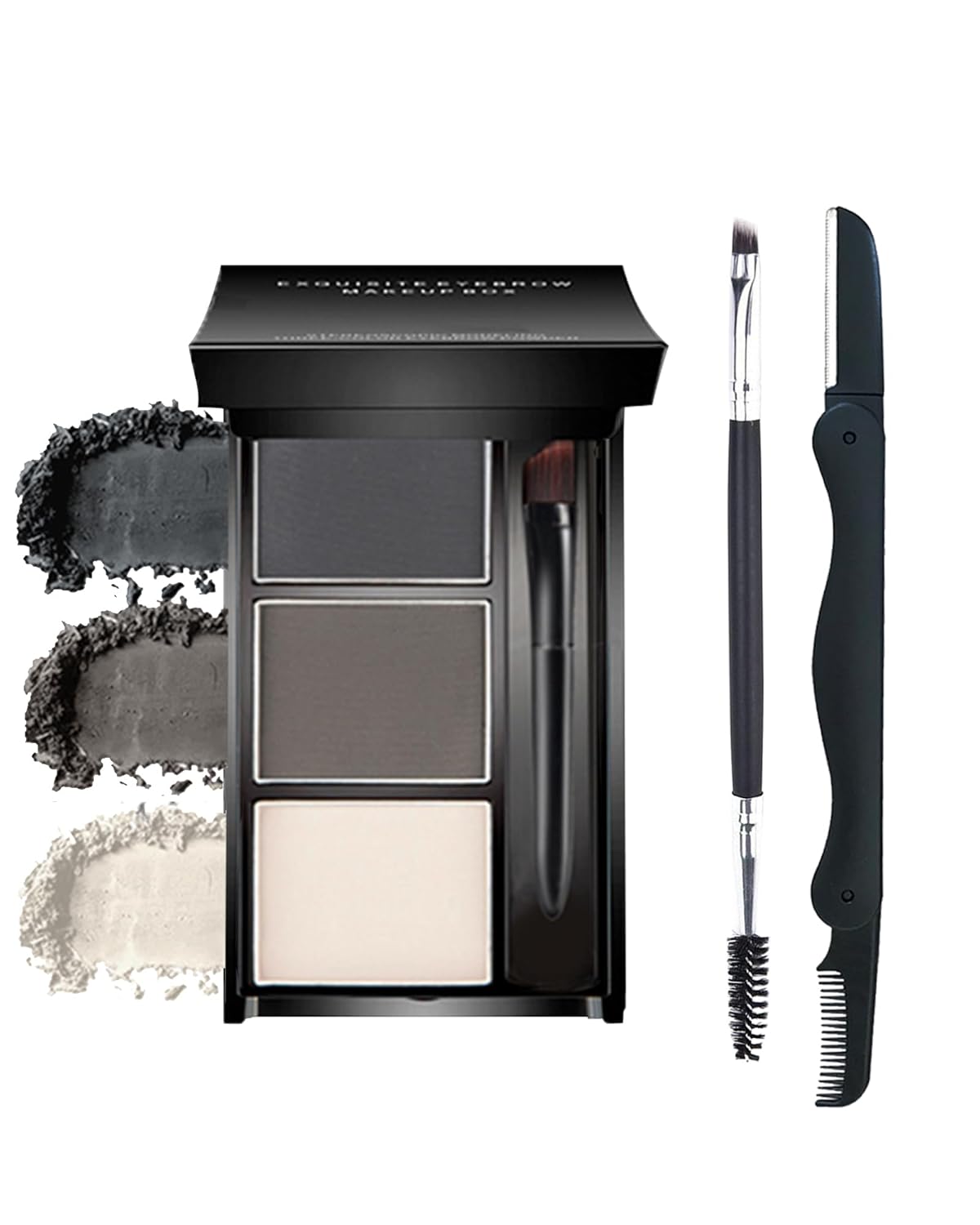 Eyebrow Powder Makeup Kit, 3 in 1 Eyebrow Kit, Brow Powder Palette Waterproof Long-Lasting, Black Brown White Brow Filler, Fill & Sculpt Full Eyebrow Kit for Women, With Mirror,Brush & Razor Set 01