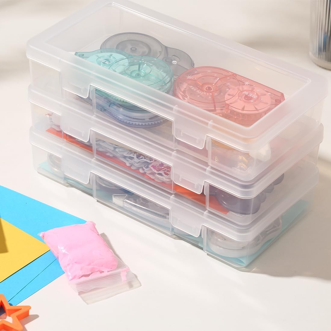 Medium Clear Storage Box 9 Pack Stackable Storage Containers with Snap-Tight Latch 10" x 5"x 1.9" for Pencil Box,Art tools