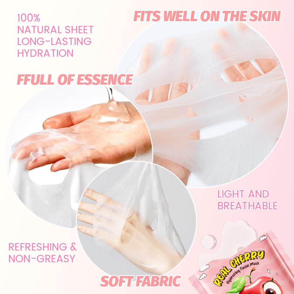 8 Pack Cherry Kids Face Mask,Pink Face Masks Skincare Spa Day Kit Supplies,Spa Party Favors for Teens Girls Women,Sheet Facial Mask Skincare Gifts Set,Moisturize Soothe for All Skin Types