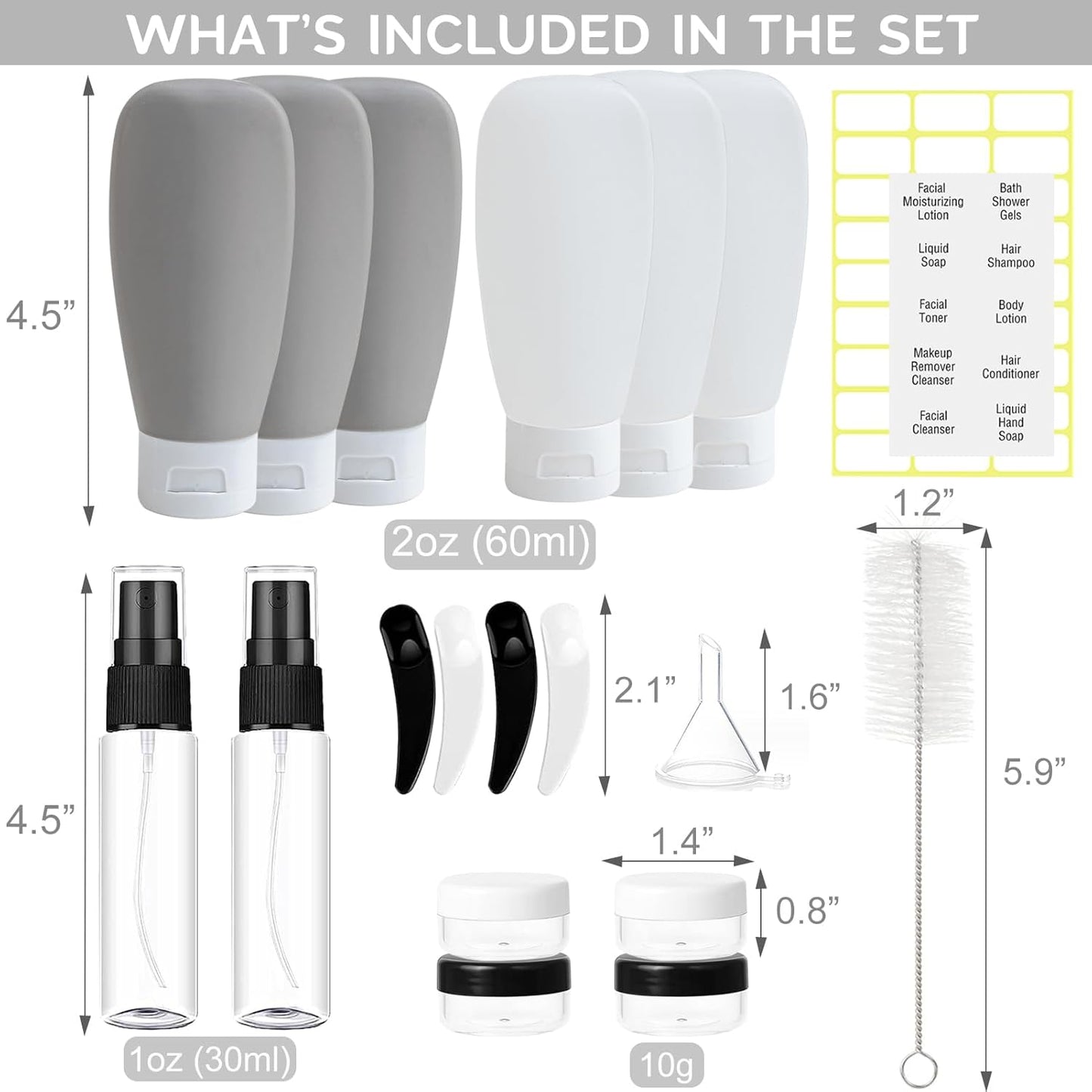 20 Pack Travel Bottles Set - TSA Approved Leak Proof Containers Kit for Toiletries - Portable Refillable Accessories for Shampoo, Conditioner, Lotion, Liquids (Black & White)