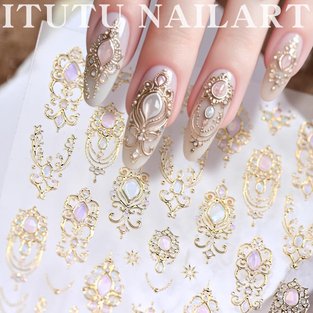 1 Sheet 5D Self-Adhesive Gem Nail Stickers Vintage Style Totem Nail Supplies 5D Embossed Gold Necklace Nail Decals Pink Diamond Nails Designs Baroque Scepter Nails Art Decoration for Women Manicure